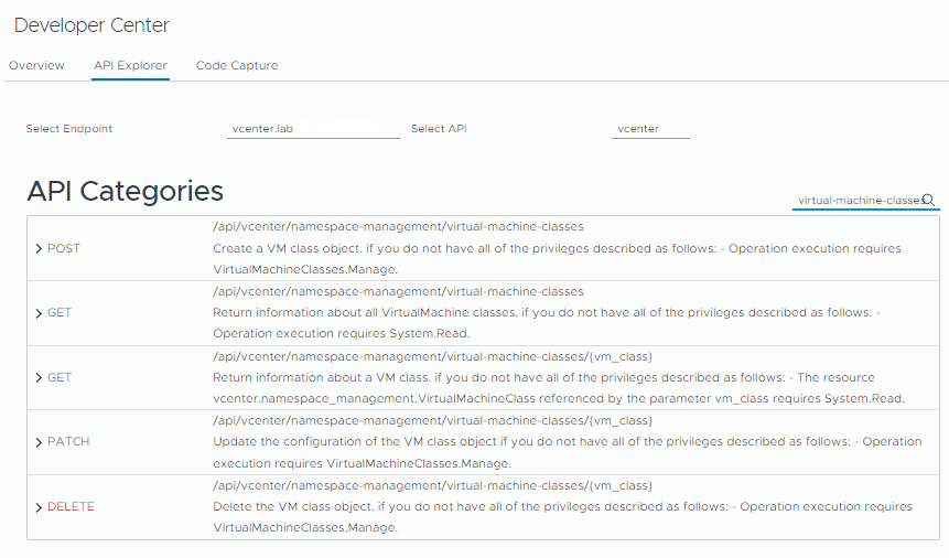 List of API endpoints used to managed VM classes